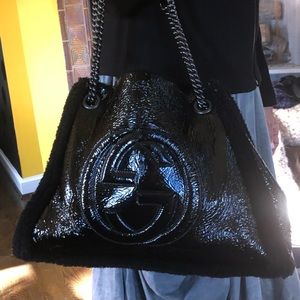 Gucci Patent Black Shearling Soho Tote